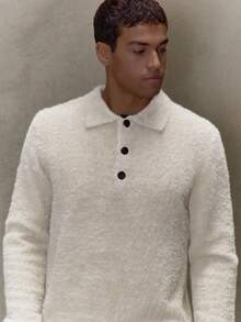 Musero Men Boxy Long Sleeve Mohair Polo Collar Sweater Autumn Winter - Camel - View 2