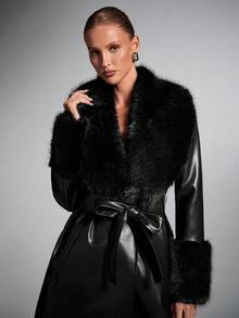 SHEIN BAE Women's Fashion Street PU Leather Patchwork Faux Fur Collar Extra Long Coat, Autumn/Winter - Black - View 4