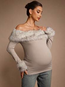 MaterniChic Autumn And Winter Maternity Patchwork Fuzzy Trim Off-Shoulder Fitted Long Sleeve T-Shirt, Autumn Sexy Maternity Dress Pregnancy Clothing Maternity Dress For Photoshoot Maternity Clothes Fall Winter Maternity Baby Shower Dress