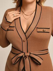 Juhart Vintage Elegant Khaki Color-Blocking Knit Waist Dress,V-Neck Metal Button Retro Black Autumn Formal Dress With Waist Belt For Women Winter - Coffee Brown - View 7