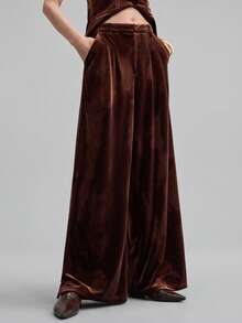 Ontre Women's Espresso Brown Winter Velvet Pants,Elegant Party Shiny Pocket Elastic Waist Wide Leg Trousers,Business Commute Old Money Style Office Wear - Rust Brown - View 1