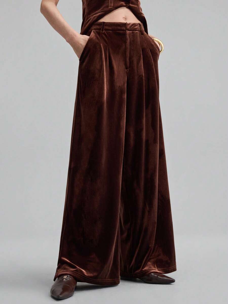 Ontre Women's Espresso Brown Winter Velvet Pants,Elegant Party Shiny Pocket Elastic Waist Wide Leg Trousers,Business Commute Old Money Style Office Wear - Rust Brown - View 1