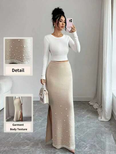 Rafferiza 女式简约纯色休闲日常通勤百搭仿珍珠针织毛衣和开衩下摆针织裙套装，优雅，秋冬