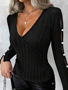 Damen einfarbiges Slim Fit V-Ausschnitt Langarm T-Shirt