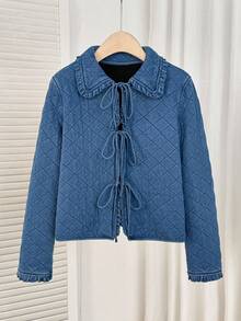 Comfortcana 女士秋季拼接荷叶边领长袖系带休闲牛仔外套，绗缝牛仔外套，荷叶边彼得潘领和系带设计，休闲时尚绗缝外套，冬季女装，新年圣诞节女装，格子外套，方格外套，保暖内衬，厚实保暖牛仔外套 - 中等水洗藍 - 查看 3