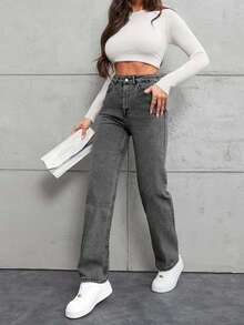 SHEIN Tall TALL Size100%Cotton Slant Pocket Straight Leg Jeans - Light Grey - View 5