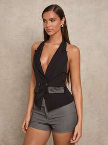 SHEIN Glamour Women's Elegant Mature Vintage Style Double-Breasted High-End Black Vest Christmas Outfiit For Women Black Top Elegant Women Waistcoat - Black - View 5