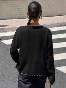 Muchica Áo len cardigan viền vỏ sò màu đen tương phản mùa thu dành cho nữ, phù hợp để mặc hàng ngày khi đi dạo phố - màu đen - Xem 2