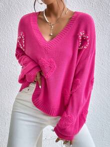Chiquease Pearls Heart Detail V-neck Drop Shoulder Jumper - Hot Pink - View 5