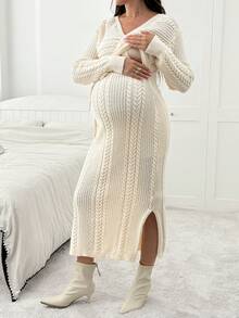 SHEIN 孕妇纯色裹身长袖落肩休闲系腰针织连衣裙 - 杏色 - 查看 8