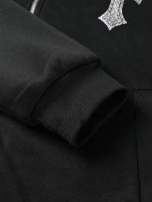 PAVTROS 男士街头风水钻装饰短款连帽卫衣，长袖上衣 - 黑色 - 查看 6