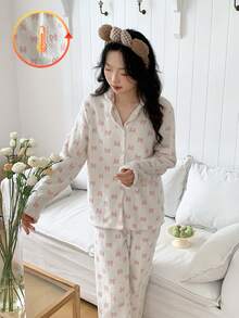 Teen Girl Flannel Bow Print Lapel Collar Long Sleeve Pants Loungewear Set - Multicolor - View 3