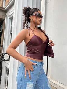 Flirla Women's Sexy Y2K Camisole Top With Metal Buckle Decor - Burgundy - View 3
