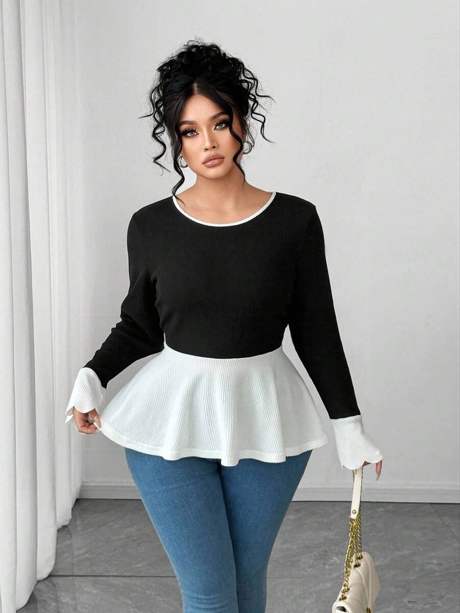 SHEIN Elenzya 女式圆领黑白拼接长袖休闲上衣、外套 - 黑與白 - 查看 1