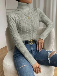 RosyDaze Áo len dệt kim xoắn cổ cao tay raglan trơn màu dành cho nữ - Xám - Xem 4