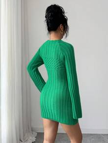SHEIN Elenzya Vestido de punto ajustado con mangas trompeta de estilo vintage de Estocolmo para mujer, atuendo elegante y versátil para uso casual, trabajo, citas, estudiantes, maestros, oficina, negocios - Verde Oscuro - Ver 2