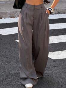 Muchica 女士时尚条纹阔腿西装裤，适合上班穿着 - 灰色 - 查看 5