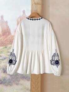 Rusticease Women's Casual Vacation Style Cutout Neck Embroidered Lantern Sleeve Peplum Top, Spring/Autumn Women's Fall Clothes  Christmas White Top Winter Clothes For Women - Multicolor - View 4