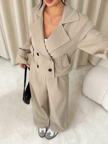 SHEIN PETITE Bộ đồ nữ màu trơn gồm áo khoác dài tay cổ ve lật hai hàng cúc và quần dài, thích hợp mặc mùa xuân và hè. - Màu be - Xem 6