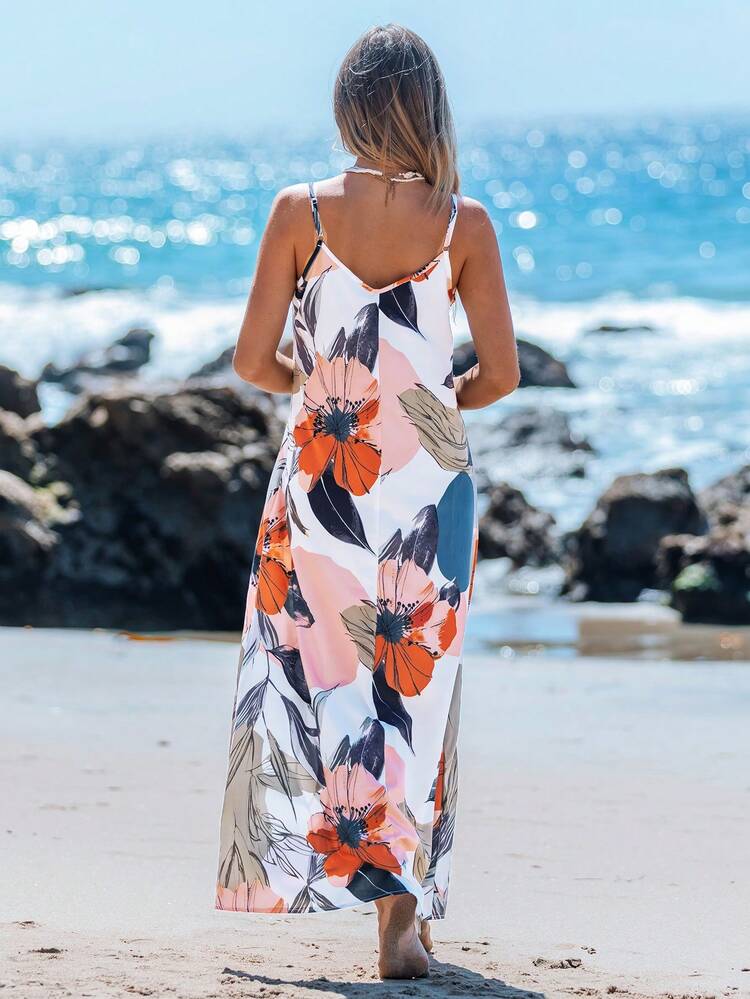 Women's Vacation Casual Floral & Plant Print Maxi Strap Dress,Sun Dress,Vacation