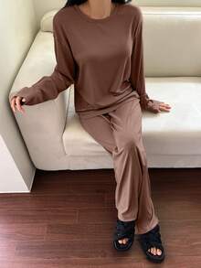 DAZY Casual Loose Long Sleeve Top And Pants Lounge Set, Winter Clothes - Brown - View 3