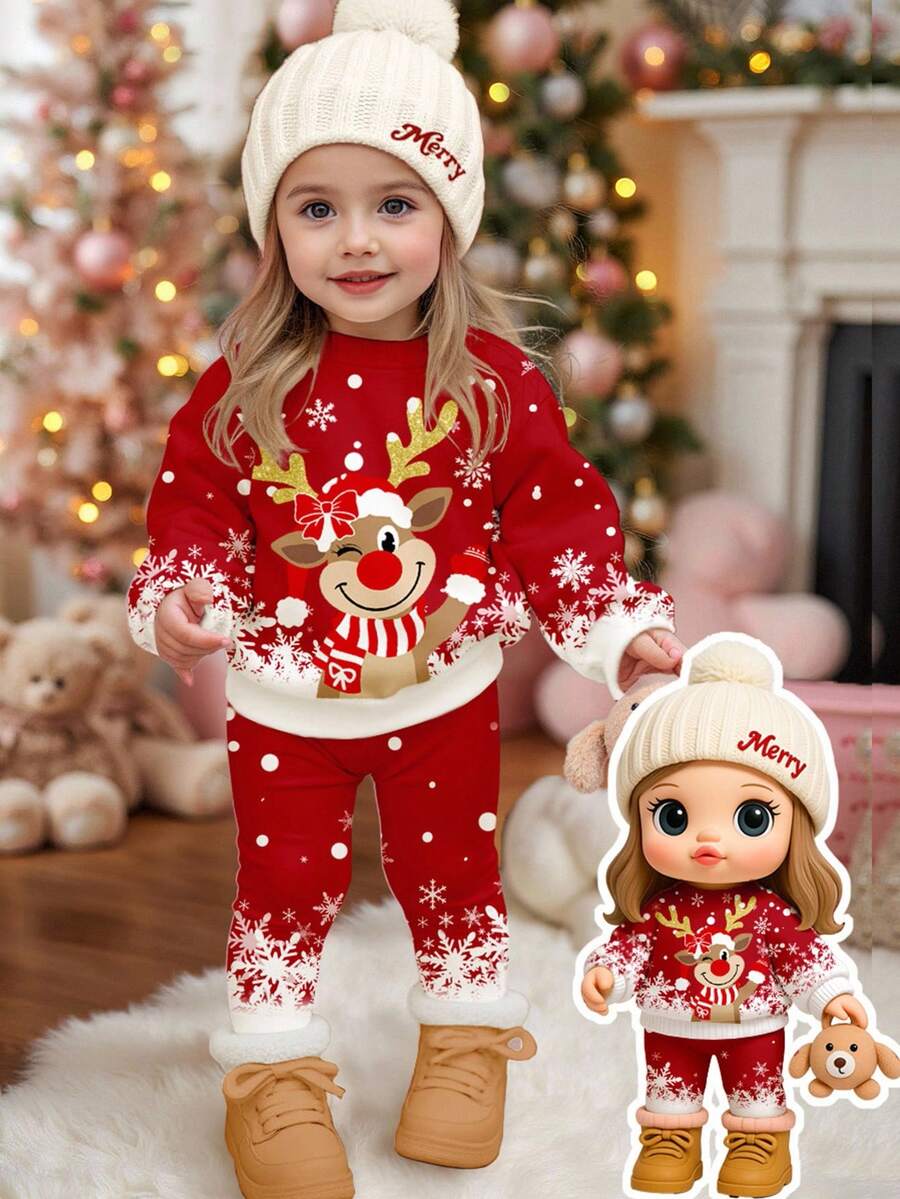 SHEIN Happikins 2pcs Baby Girl Christmas Snowflake, Bow & Deer Print Thickened Soft Comfortable Long Sleeve Sweatshirt And Leggings Set, Suitable For Autumn/Winter Daily Wear, Christmas Party, Street Style, Home