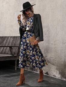 EMERY ROSE Đầm dài tay cổ tròn in hoa dành cho nữ - Màu xanh hải quân - Xem 2