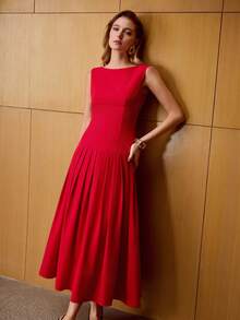 MOTF PREMIUM WOMEN'S ELEGANT PLEATED HEM DRESS FOR COMMUTING - Red - View 6