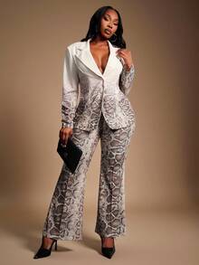 Radiana Bộ vest nữ cỡ lớn 2 mảnh kiểu dáng công sở họa tiết da rắn ombre gồm áo blazer và quần ống loe, thích hợp cho mùa thu/đông, bộ vest nữ 2 mảnh thanh lịch. - Nhiều màu - Xem 1