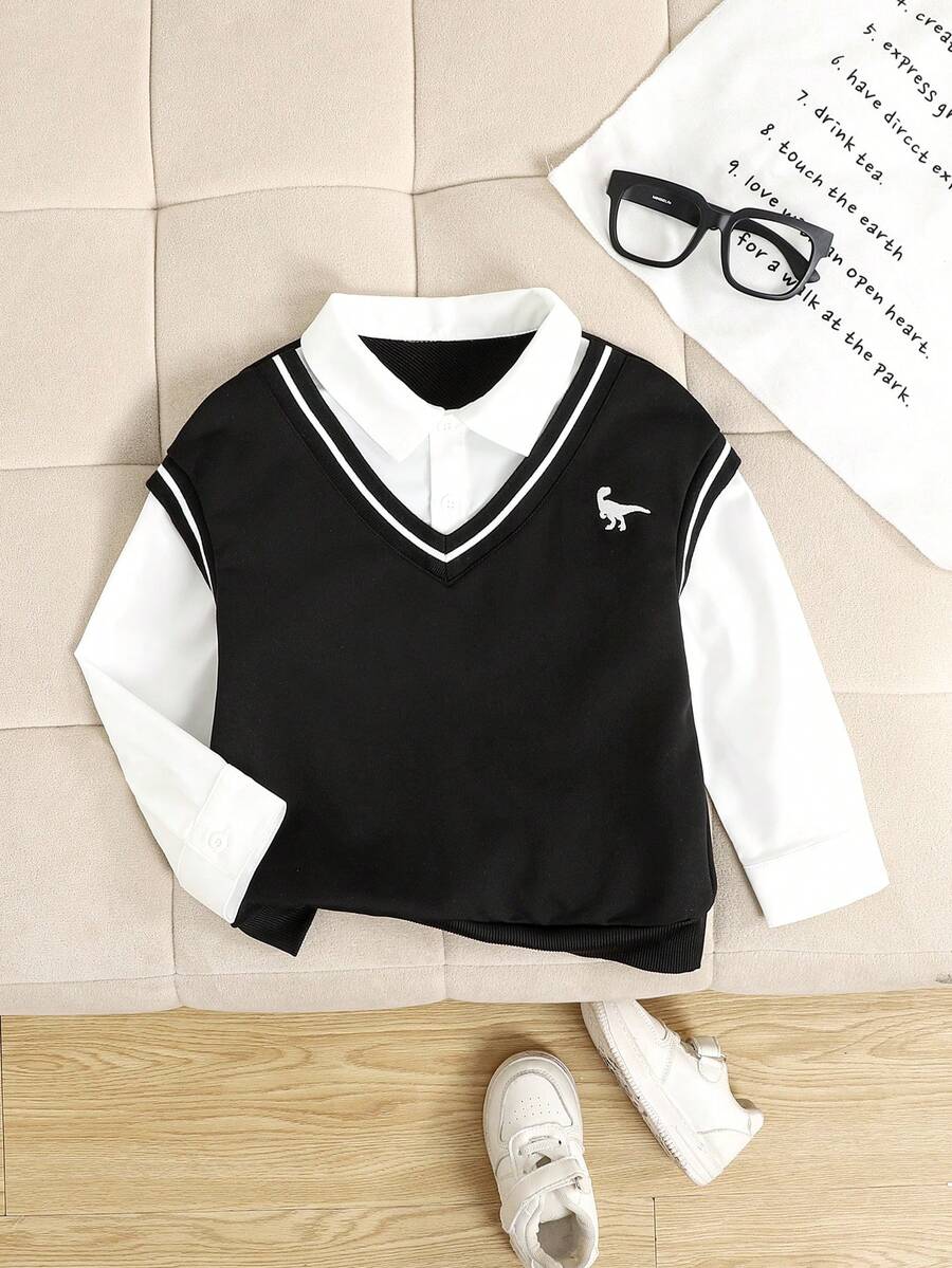 SHEIN 1pc Young BoyKnit Sweatshirt, Cute Dinosaur Embroidery 2 In 1 Classic Casual Pullover For Autumn/Winter - Black and White - View 1