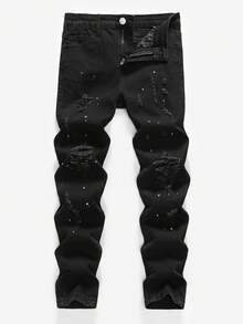 SHEIN Tween Boy Fashion Casual Y2k Vintage Cool Street Cut Out Ripped Frayed Lacquer Dots Black Denim Perforated Stretch Skinny Jeans For Dailywear And Spring And Summer Rave Festival And Streetwear - Black - View 6