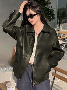 DAZY 女式休闲 PU 皮革拉链落肩宽松夹克，秋季 - 墨綠色 - 查看 4