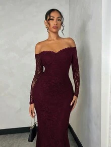 SHEIN BAE Váy đuôi cá trễ vai ren đen trơn dành cho nữ, phù hợp cho các buổi hẹn hò và tiệc tùng - Màu Tím - Xem 5