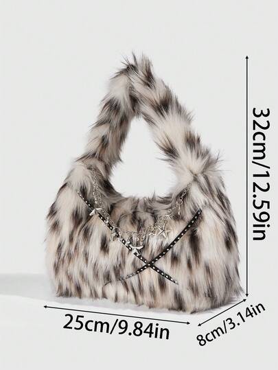 Grunge Punk 1pc Chic White Leopard Print Star Chain Decorated Handbag, A Winter And Autumn Plush Bag For The Armpit Area, Suitable For Pairing With A Clutch Bag At A Hot Girl Party Or Gathering
