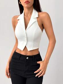 SHEIN PETITE Áo nữ dáng ôm, không tay, cài cúc phía trước, kiểu dáng đơn giản, thích hợp mặc hàng ngày. - trắng - Xem 1