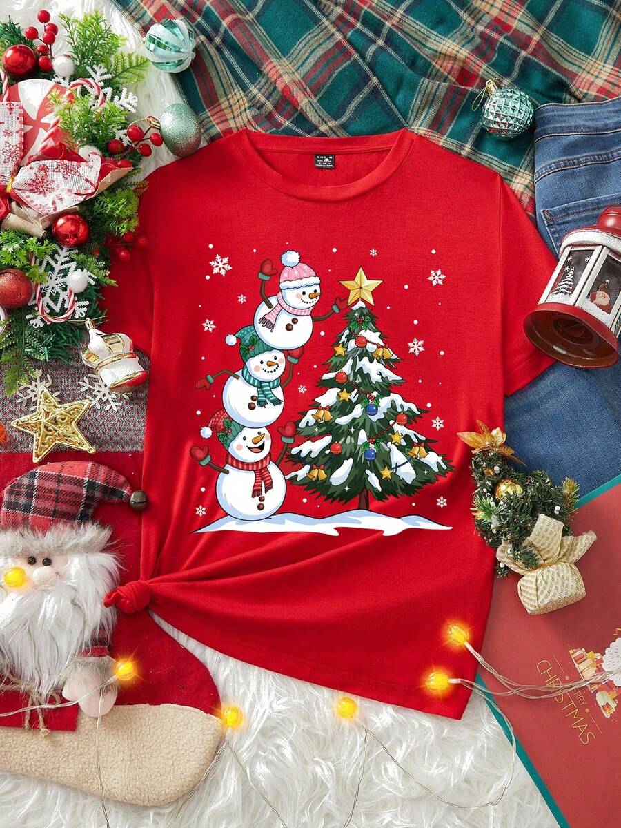 SHEIN LUNE Women's Casual Loose Round Neck Christmas Tree Print Short Sleeve T-Shirt,Red Graphic Tee For Party,Holiday,Multicolor Summer New Year Holiday Shirt - Red - View 1