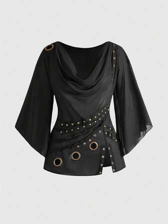 ROMWE Avant Blusa de manga acampanada transparente y sexy con cuello en pico, diseño de ojetes y bajo con abertura, estilo retro Y2K punk para mujer