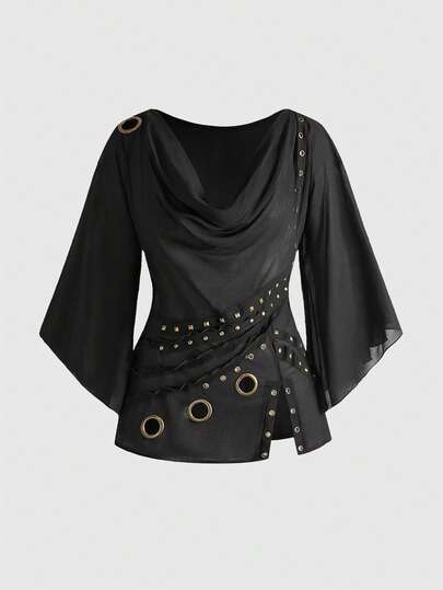 ROMWE Avant Women's Retro Y2K Punk Metal Grommet Design Plunging Neck Slit Hem Fitted Sheer Sexy Flare Sleeve Top