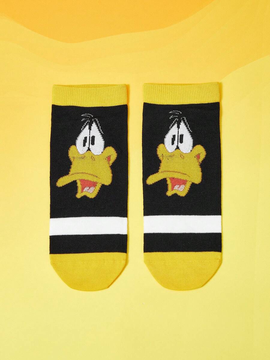 LOONEY TUNES X SHEIN Meias Soquete Femininas com Estampa Cartoon e Listras Contrastantes - Preto - Visão 1