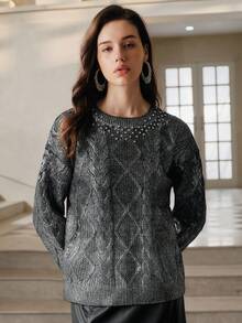 Anewsta Savoree Élégant pull tricoté à col rond orné de strass pour femmes, convient pour l'automne, l'hiver, le printemps, le Nouvel An, les fêtes, les mariages - Noir - Voir 3