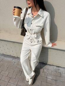 Rivivi Women's Casual Everyday Commute Fashion Street Flap Pocket Belted Loose Denim Jumpsuit - Apricot - View 3