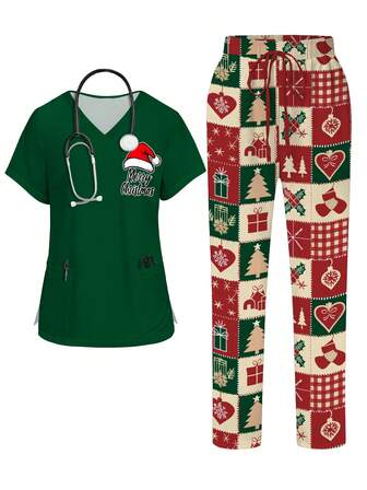 PopScrub Christmas Element Plaid Cartoon Print V-Neck Short Sleeve Pocket Nurse Scrub Uniform Set For Women