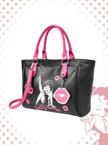 Betty Boop | ROMWE Bolso de viaje de cuero suave con figura de dibujo animado rosa, bolso de fitness y transporte para mujer, bolso de bombardera con ojetes