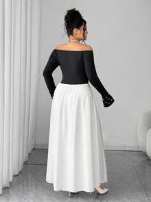 Elenzga Vestido asimétrico de mujer talla grande con hombros descubiertos, mangas acampanadas y perlas falsas, de estilo francés romántico y vintage elegante para otoño/invierno - Blanco y Negro - Ver 2