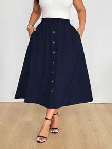 SHEIN EMERY ROSE CURVE 优雅自然风牛仔效果纽扣A字裙