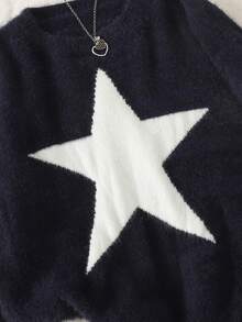 SHEIN Teen Girl Star Pattern Round Neck Drop Shoulder Sweater, Casual Everyday Wear, Autumn/Winter