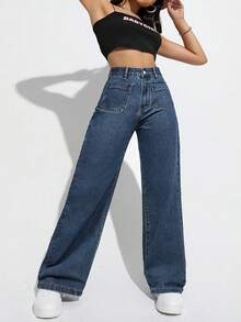 SHEIN ICON 大码女式黑色无弹力阔腿牛仔裤 - 深色水洗藍 - 查看 3