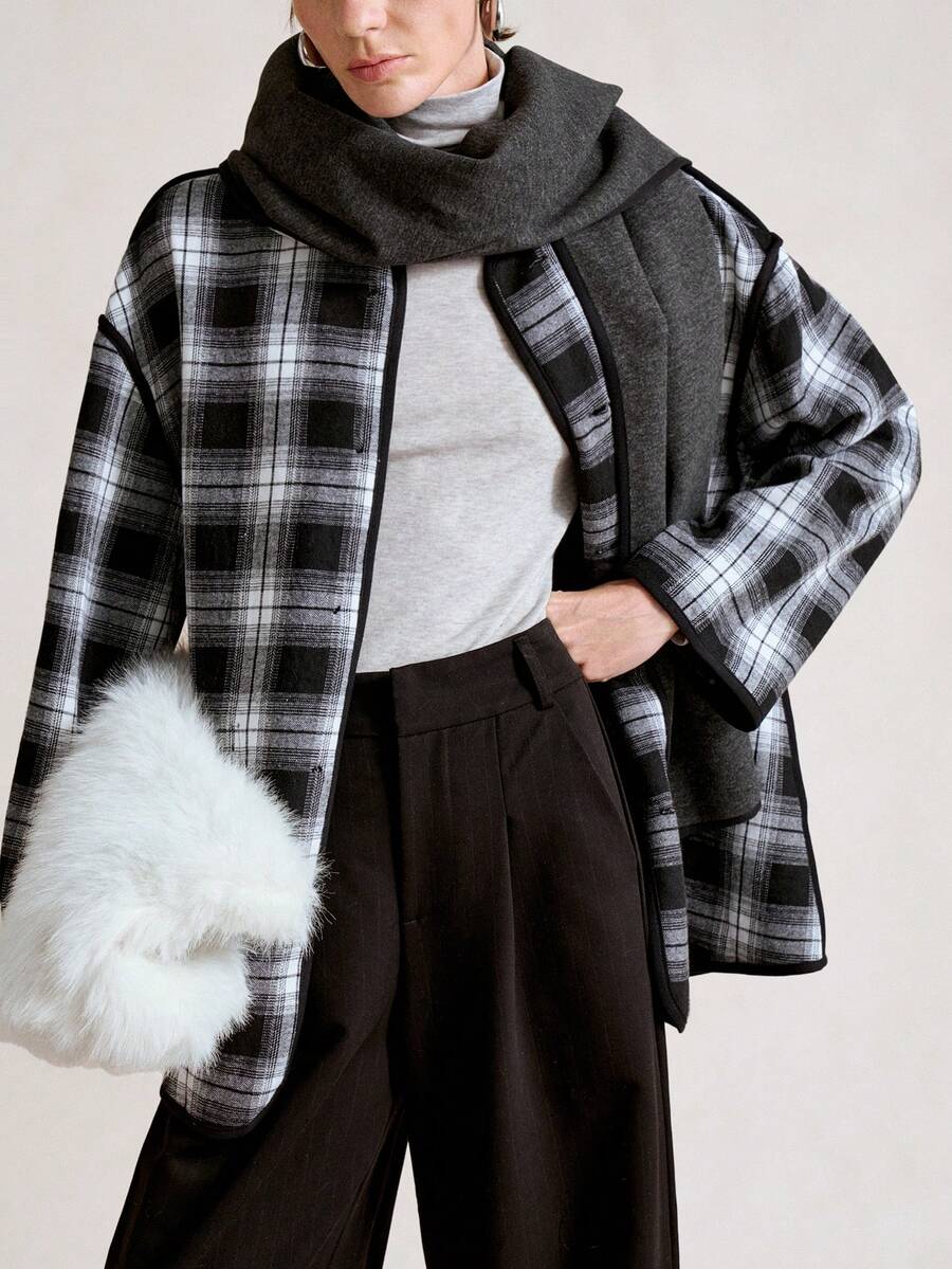 SHEIN LUNE 女士秋冬中长款羊毛混纺格子双面大衣，配围巾，休闲百搭 - 深灰色 - 查看 1