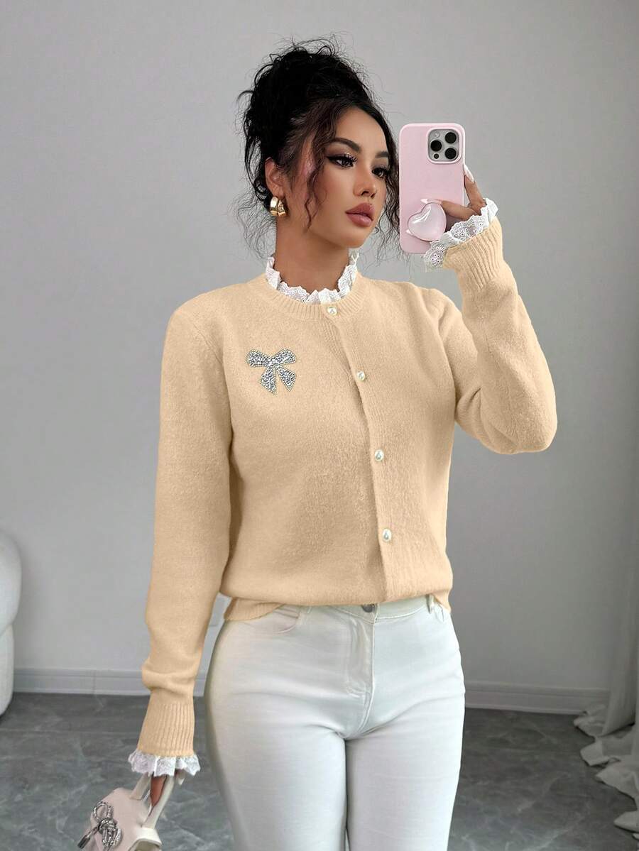 Elenzga Women's Casual Loose Fit Round Neck Ruffle & Butterfly Decor Cardigan Sweater - Khaki - View 1