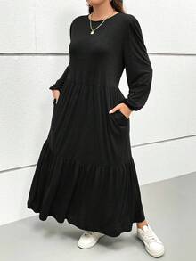 SHEIN Essnce 大码女式长裙，2 个口袋，秋季连衣裙，灰色连衣裙，女士服装，带袖连衣裙，秋季女装，秋季裙子，长款秋季连衣裙，秋季女装 - 黑色 - 查看 5